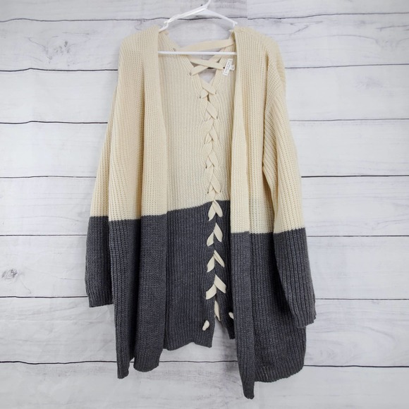 Blu Pepper Sweaters - Blu Pepper Color Block Lace Up Open Front Sweater